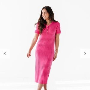 Vibrant Pink Ribbed Midi Dress